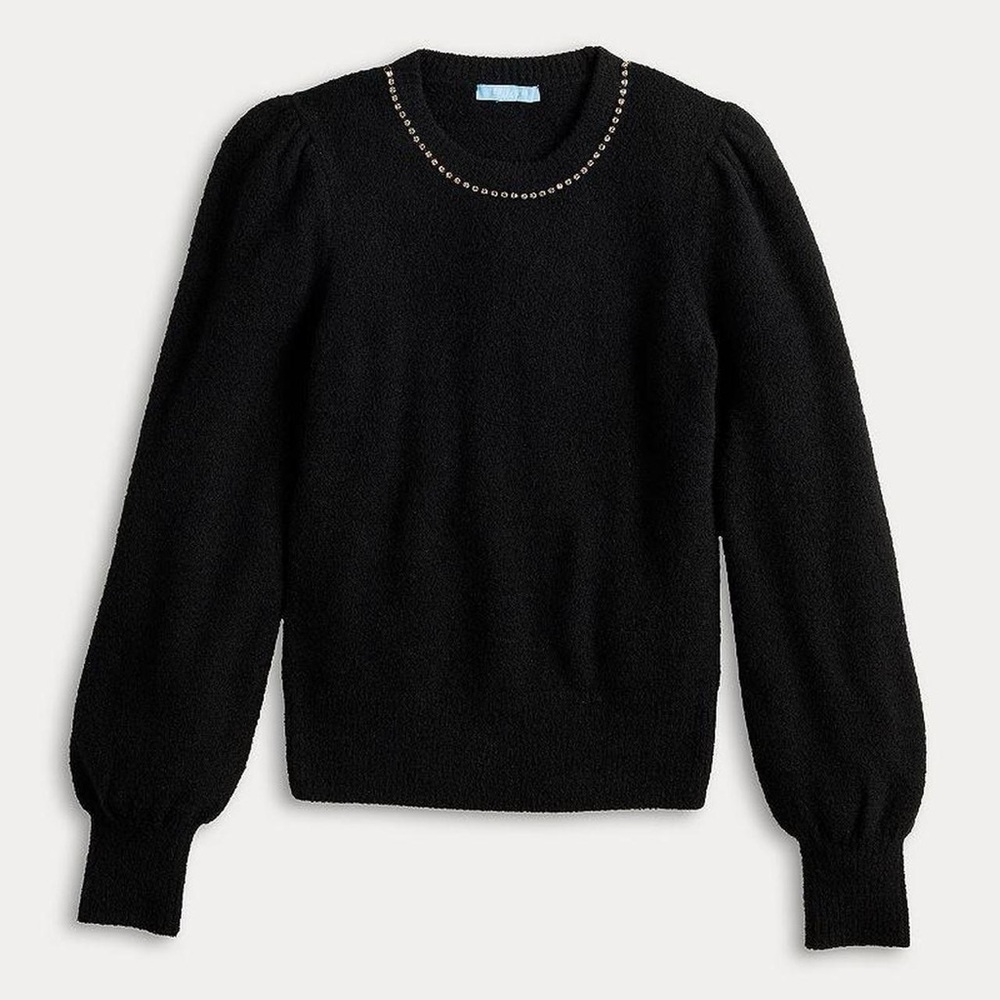 NEW Draper James Embellished Neckline Pullover Sweater Black Size XL